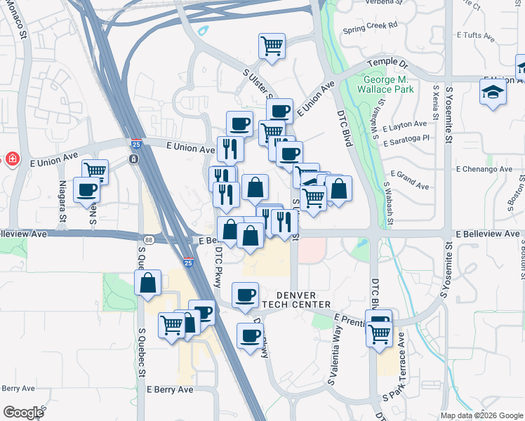 map of restaurants, bars, coffee shops, grocery stores, and more near 7887 East Belleview Avenue in Greenwood Village