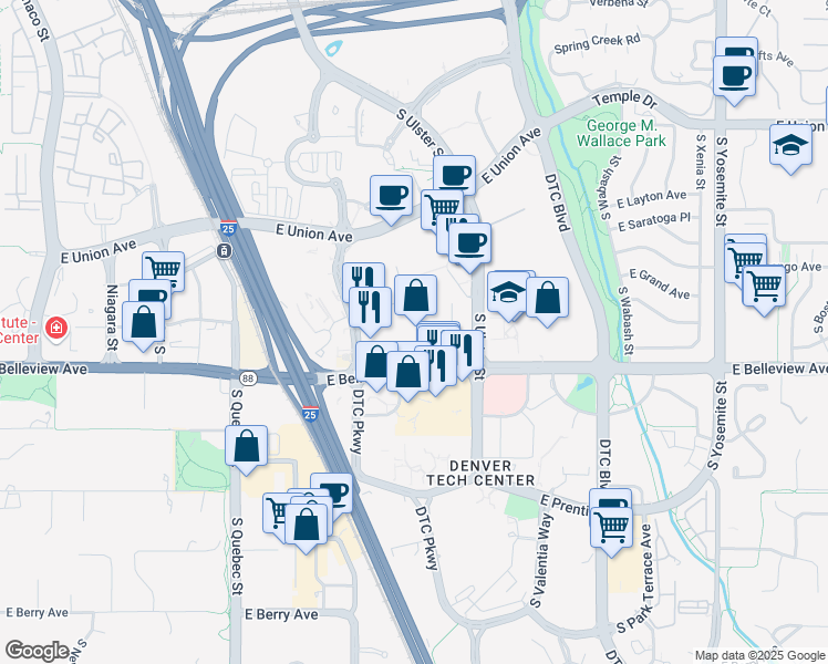 map of restaurants, bars, coffee shops, grocery stores, and more near 7887 East Belleview Avenue in Greenwood Village