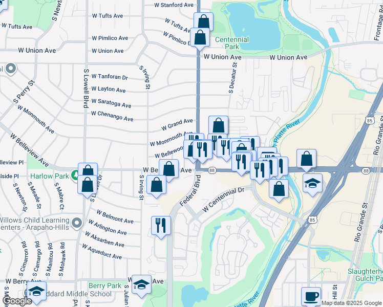 map of restaurants, bars, coffee shops, grocery stores, and more near 5039 South Federal Boulevard in Englewood
