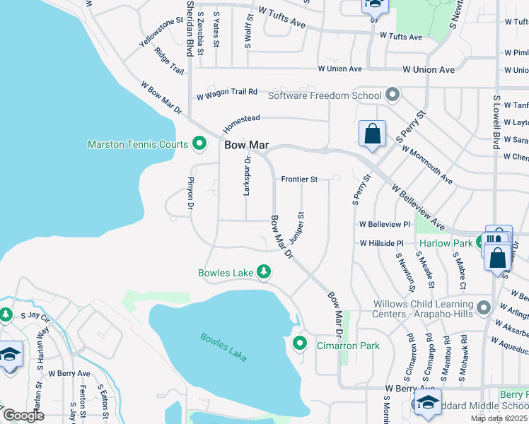 map of restaurants, bars, coffee shops, grocery stores, and more near 5000 Larkspur Drive in Littleton