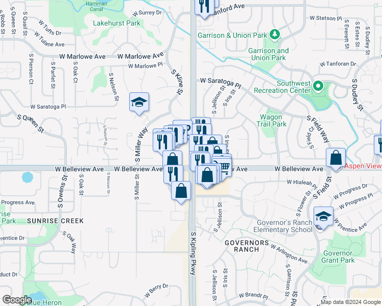 map of restaurants, bars, coffee shops, grocery stores, and more near 5041 South Jellison Way in Littleton