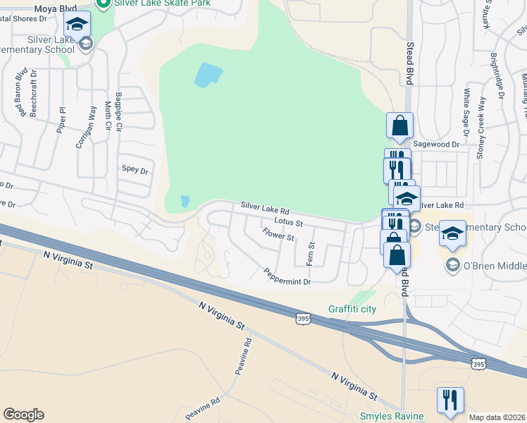 map of restaurants, bars, coffee shops, grocery stores, and more near 6765 Lotus Street in Reno