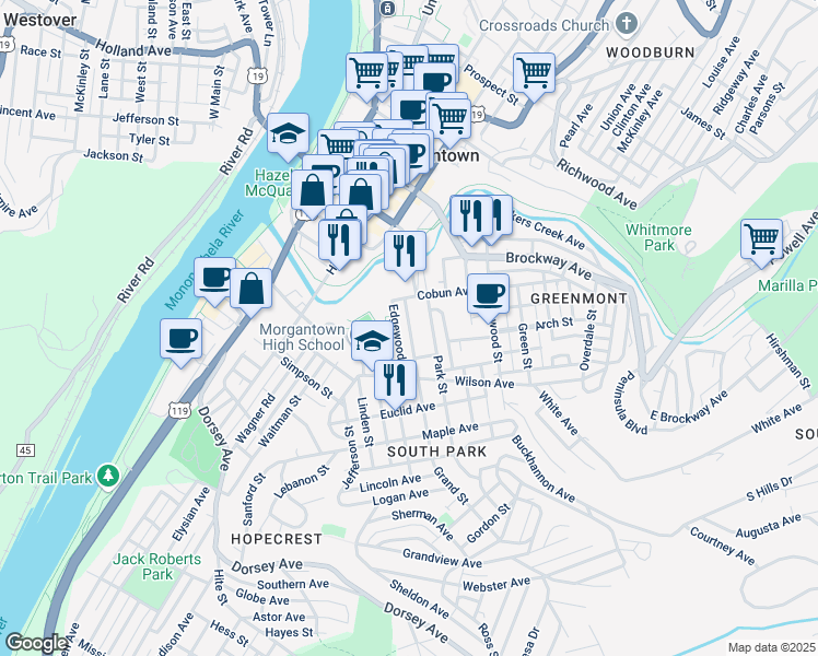map of restaurants, bars, coffee shops, grocery stores, and more near 219-227 Edgewood St in Morgantown