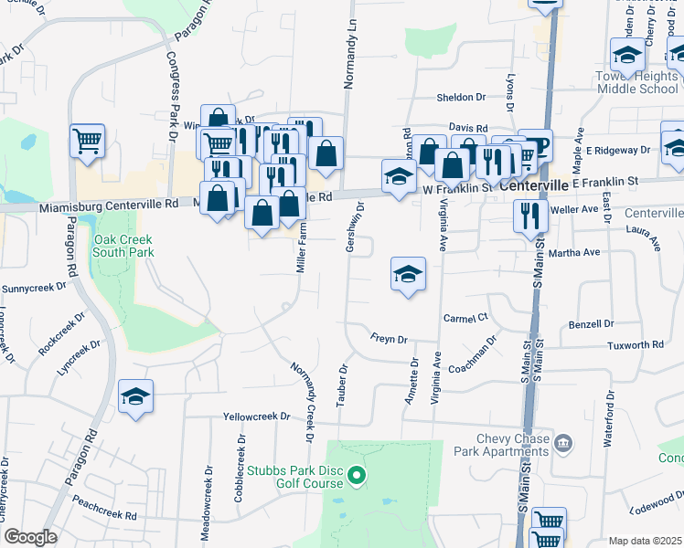 map of restaurants, bars, coffee shops, grocery stores, and more near 96 Gershwin Drive in Dayton