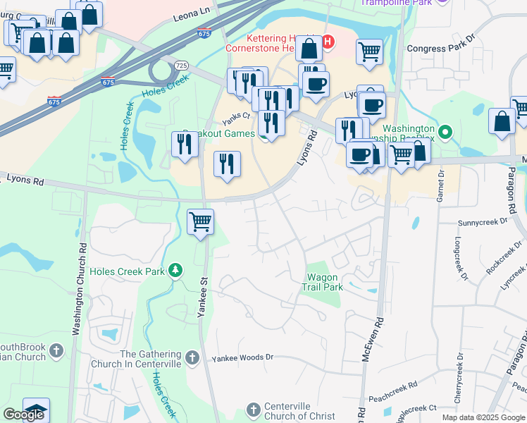 map of restaurants, bars, coffee shops, grocery stores, and more near 8304 Woodgrove Drive in Dayton