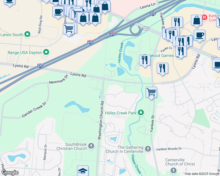 map of restaurants, bars, coffee shops, grocery stores, and more near 8630 Washington Church Road in Miamisburg