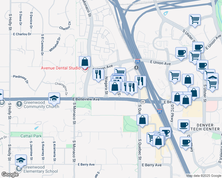 map of restaurants, bars, coffee shops, grocery stores, and more near 6785 East Chenango Avenue in Denver