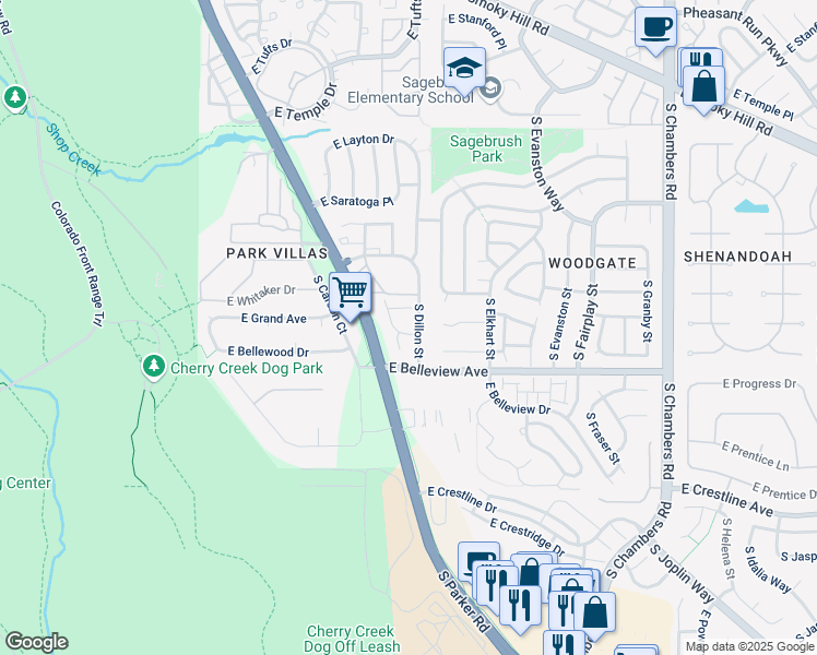map of restaurants, bars, coffee shops, grocery stores, and more near 5028 South Dillon Street in Aurora