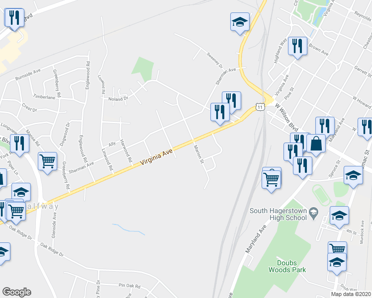 map of restaurants, bars, coffee shops, grocery stores, and more near 1210 Virginia Avenue in Hagerstown