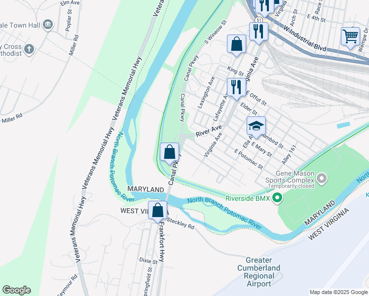 map of restaurants, bars, coffee shops, grocery stores, and more near 1602 Ford Avenue in Cumberland