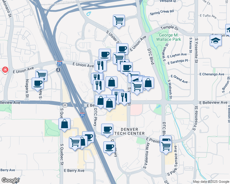 map of restaurants, bars, coffee shops, grocery stores, and more near 7901 East Belleview Avenue in Englewood