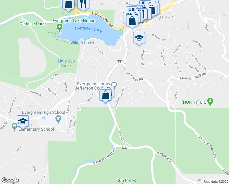 map of restaurants, bars, coffee shops, grocery stores, and more near 5000 Co Road 73 in Evergreen