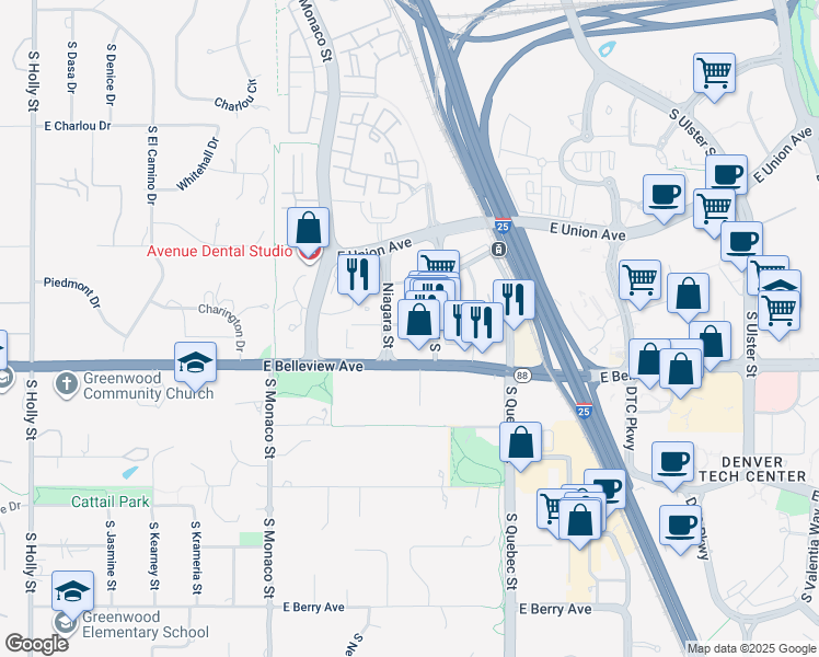 map of restaurants, bars, coffee shops, grocery stores, and more near 6750 East Chenango Avenue in Denver