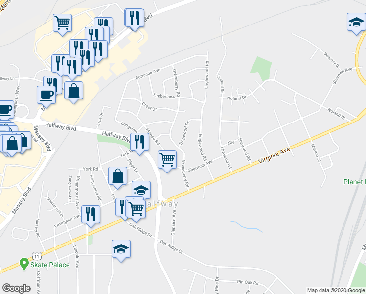 map of restaurants, bars, coffee shops, grocery stores, and more near 11301 Dogwood Drive in Hagerstown