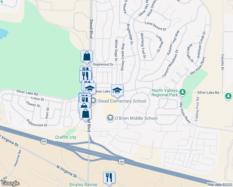 map of restaurants, bars, coffee shops, grocery stores, and more near 5910 Silver Lake Road in Reno