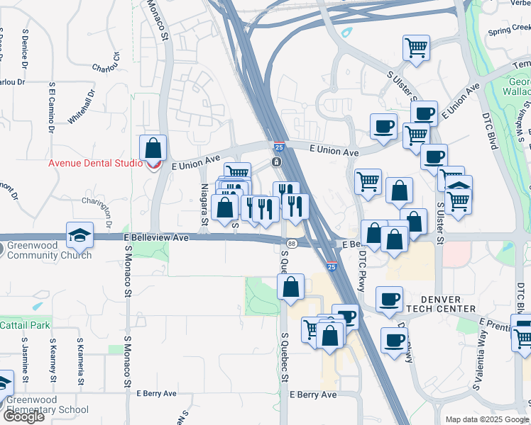 map of restaurants, bars, coffee shops, grocery stores, and more near 6951 East Belleview Avenue in Denver