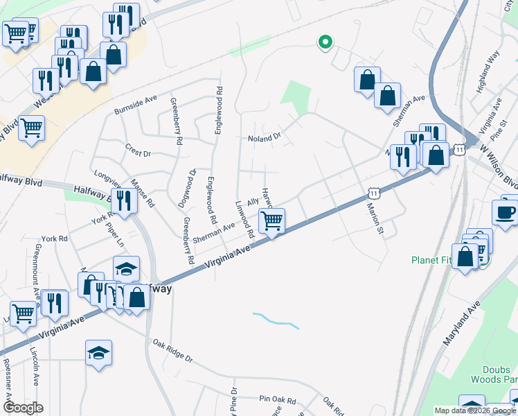 map of restaurants, bars, coffee shops, grocery stores, and more near 1515 Sherman Ave in Hagerstown