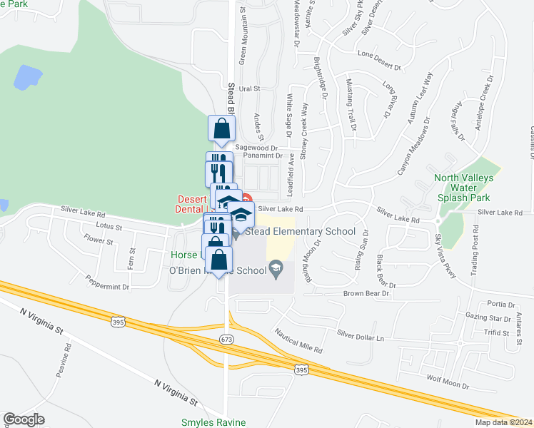 map of restaurants, bars, coffee shops, grocery stores, and more near 5930 Silver Lake Road in Reno