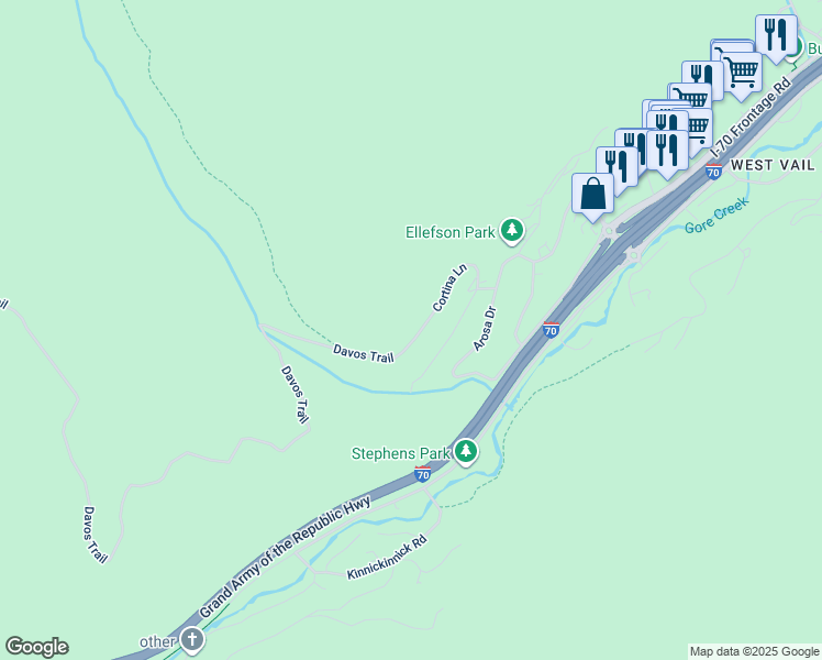 map of restaurants, bars, coffee shops, grocery stores, and more near 2683 Cortina Lane in Vail