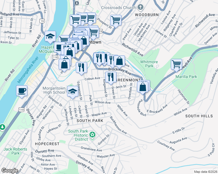 map of restaurants, bars, coffee shops, grocery stores, and more near 247 Long Alley in Morgantown