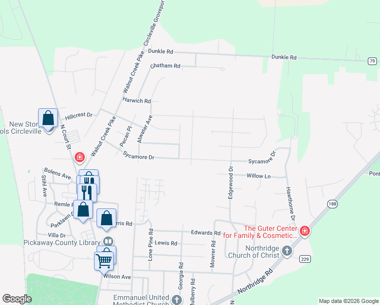 map of restaurants, bars, coffee shops, grocery stores, and more near 1460 Shagbark Street in Circleville