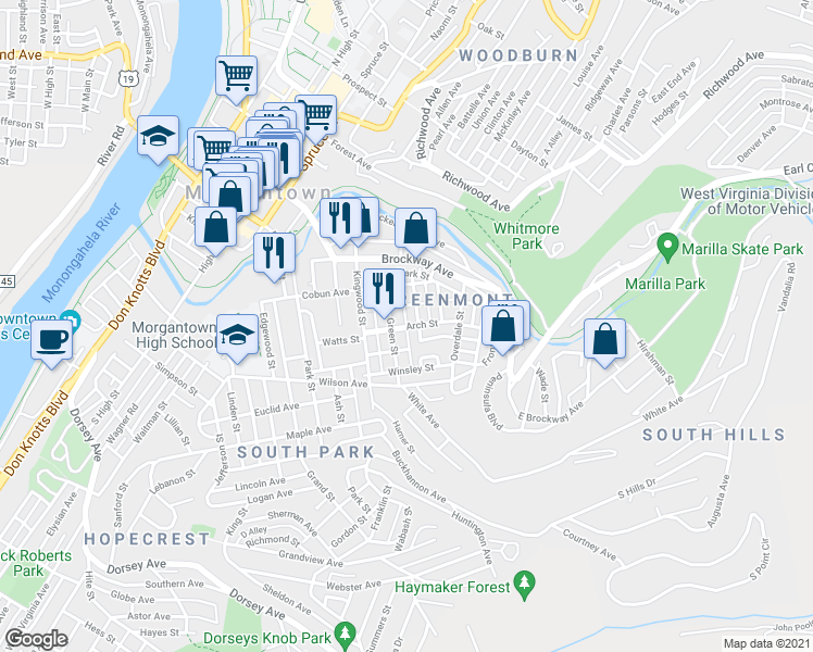 map of restaurants, bars, coffee shops, grocery stores, and more near Reay Alley in Morgantown