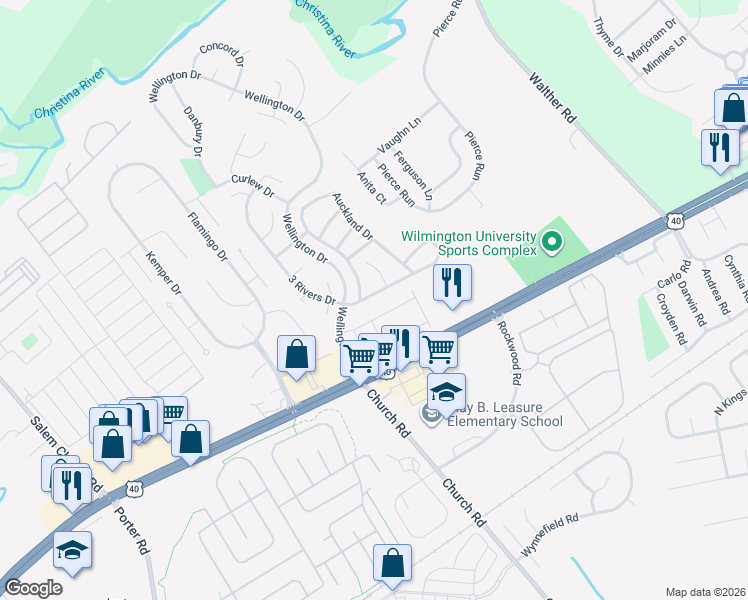 map of restaurants, bars, coffee shops, grocery stores, and more near 5 Auckland Drive in Newark