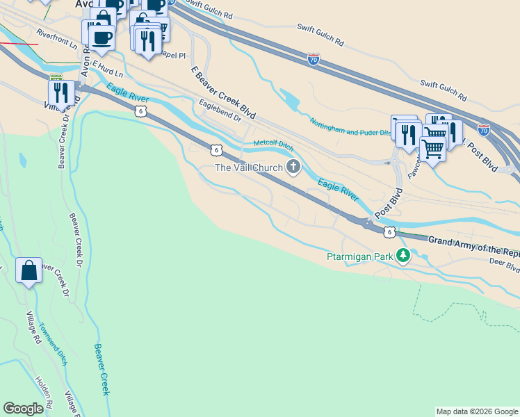 map of restaurants, bars, coffee shops, grocery stores, and more near 1176 Deer Boulevard in Avon