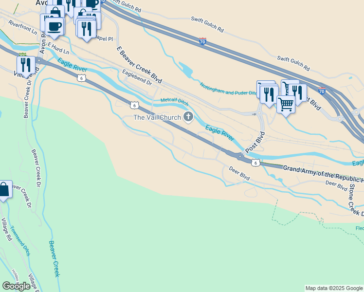 map of restaurants, bars, coffee shops, grocery stores, and more near 1135 Deer Boulevard in Avon