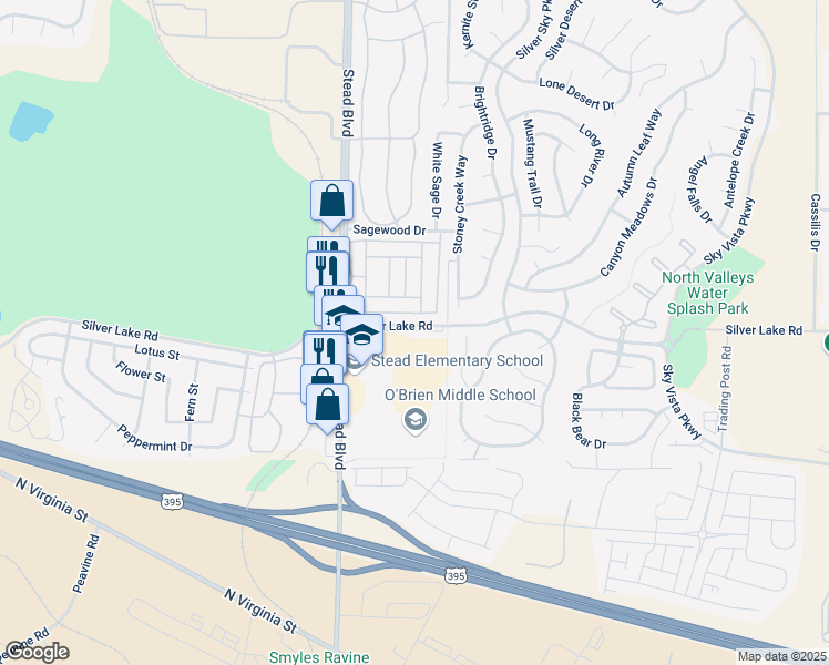 map of restaurants, bars, coffee shops, grocery stores, and more near 5930 Silver Lake Road in Reno