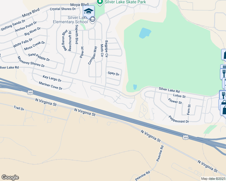 map of restaurants, bars, coffee shops, grocery stores, and more near 7408 Deveron Drive in Reno