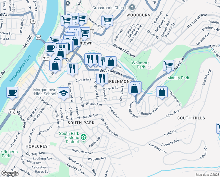 map of restaurants, bars, coffee shops, grocery stores, and more near 240 Dewey Street in Morgantown