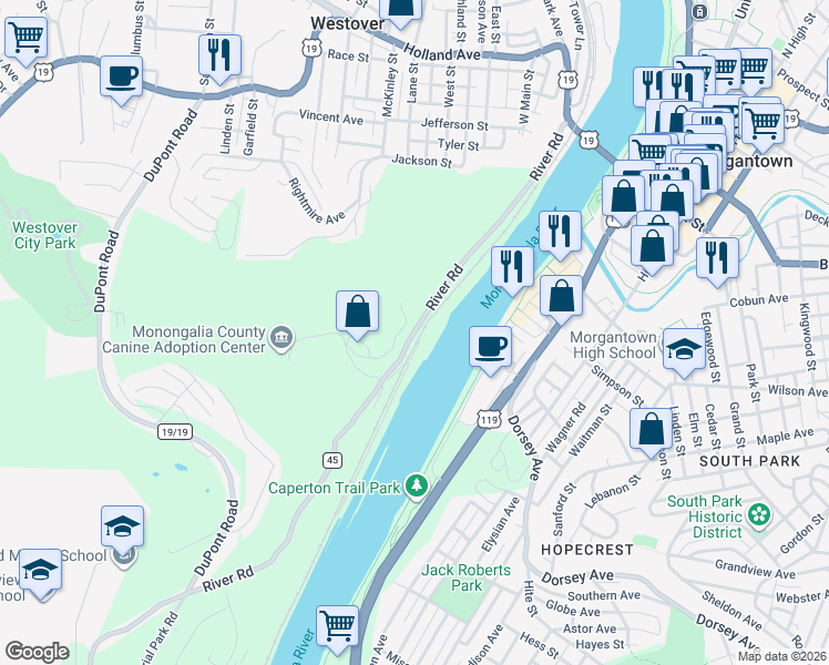 map of restaurants, bars, coffee shops, grocery stores, and more near in Westover