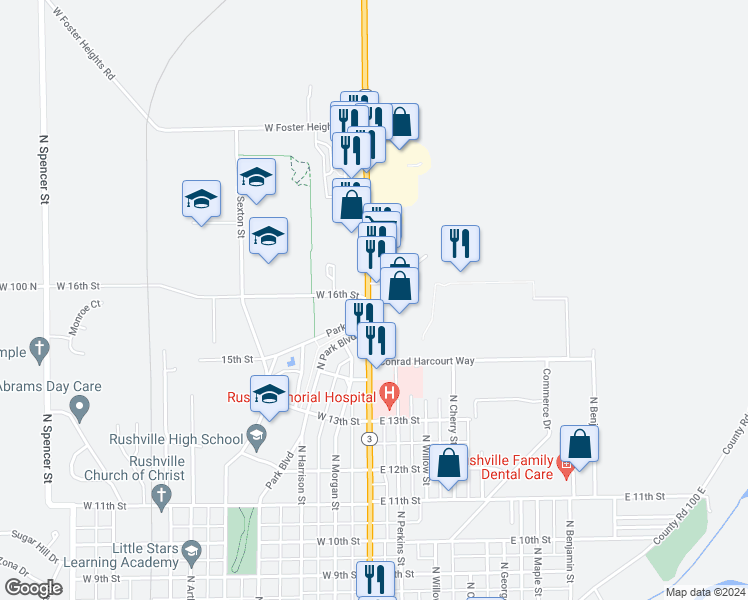 map of restaurants, bars, coffee shops, grocery stores, and more near 1602 North Main Street in Rushville