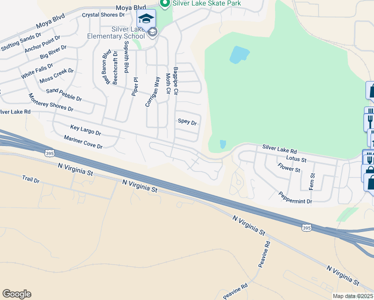 map of restaurants, bars, coffee shops, grocery stores, and more near 7350 Silver Lake Road in Reno
