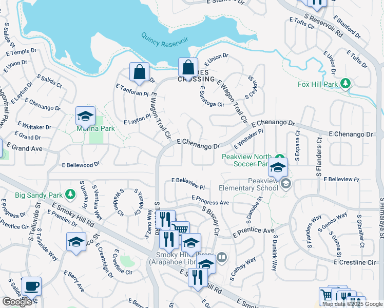 map of restaurants, bars, coffee shops, grocery stores, and more near East Whitaker Circle in Aurora