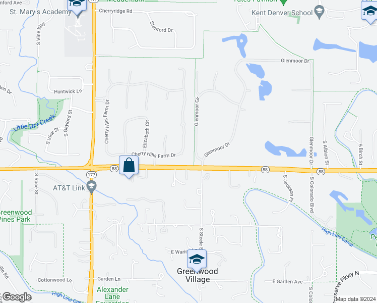 map of restaurants, bars, coffee shops, grocery stores, and more near 41 Cherry Hills Farm Drive in Englewood
