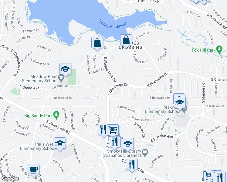 map of restaurants, bars, coffee shops, grocery stores, and more near 18507 East Whitaker Circle in Aurora