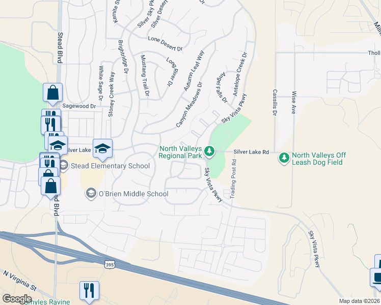 map of restaurants, bars, coffee shops, grocery stores, and more near 32G Sky Vista Parkway in Reno