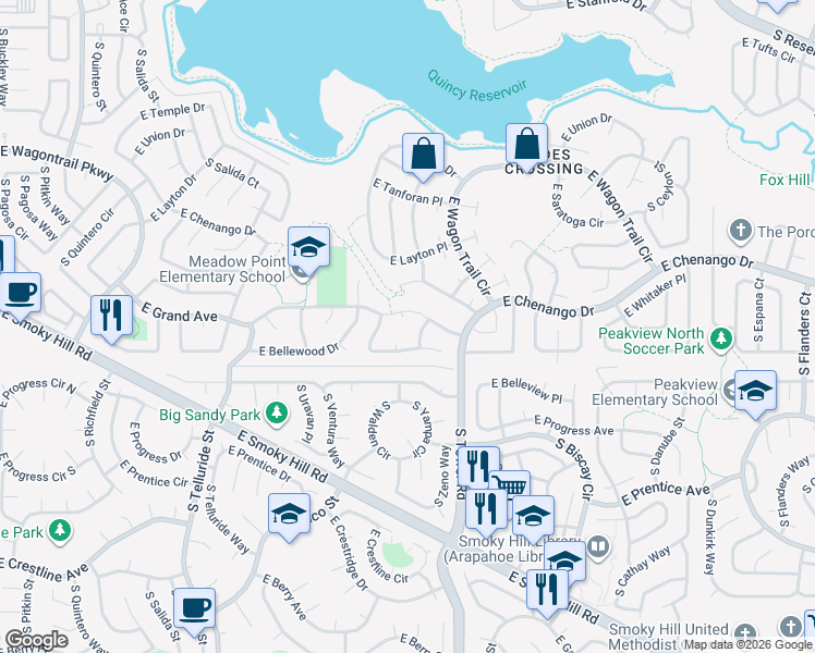 map of restaurants, bars, coffee shops, grocery stores, and more near 18220 East Grand Avenue in Aurora