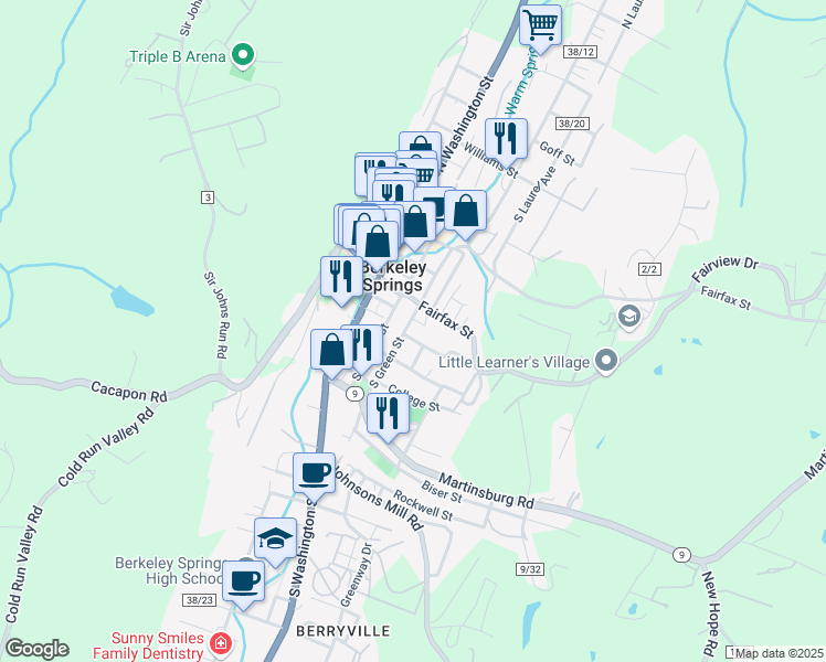 map of restaurants, bars, coffee shops, grocery stores, and more near 49 South Green Street in Berkeley Springs