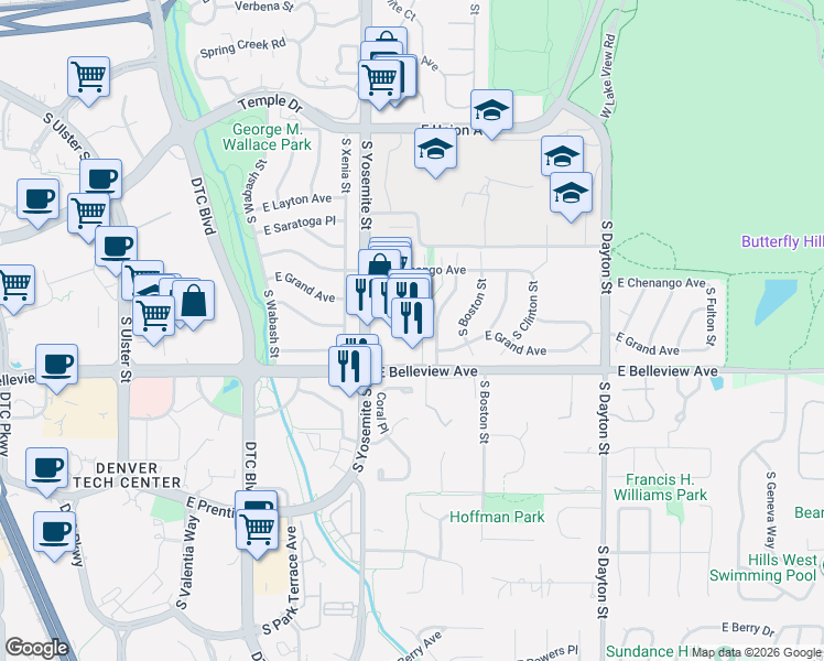 map of restaurants, bars, coffee shops, grocery stores, and more near 4940 South Yosemite Street in Greenwood Village