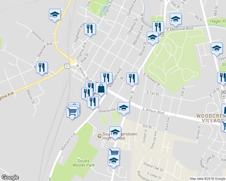 map of restaurants, bars, coffee shops, grocery stores, and more near 114 West Wilson Boulevard in Hagerstown