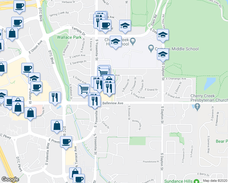 map of restaurants, bars, coffee shops, grocery stores, and more near 5031 South Beeler Street in Greenwood Village