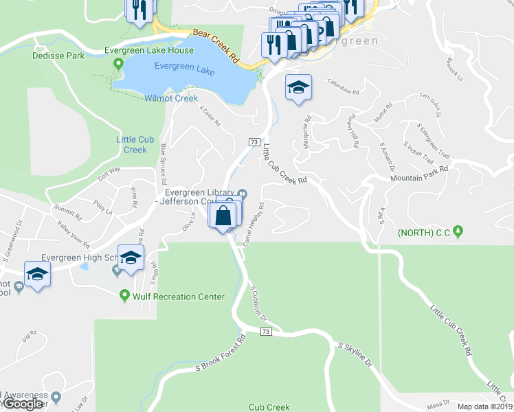 map of restaurants, bars, coffee shops, grocery stores, and more near 5017 Camel Heights Road in Evergreen