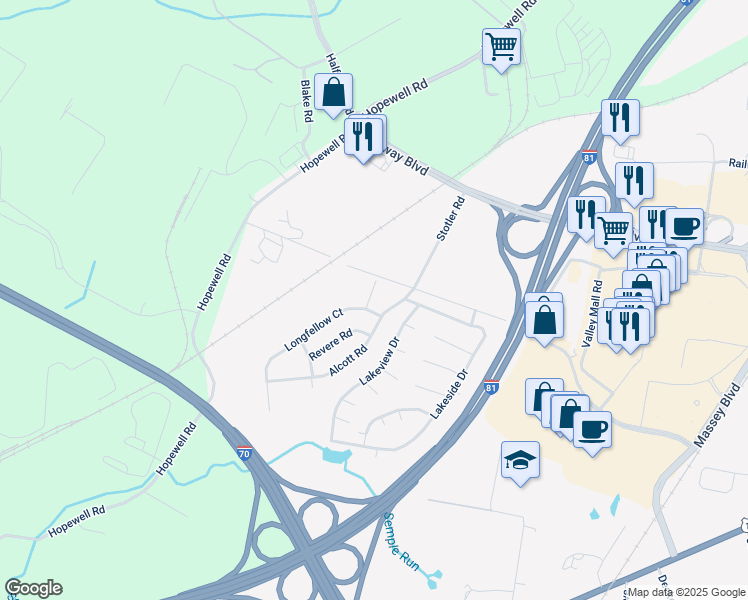 map of restaurants, bars, coffee shops, grocery stores, and more near 11307 Hawthorne Court in Hagerstown