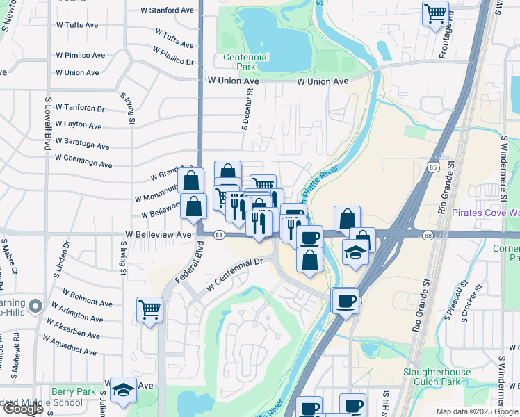 map of restaurants, bars, coffee shops, grocery stores, and more near 2755 West Belleview Avenue in Littleton