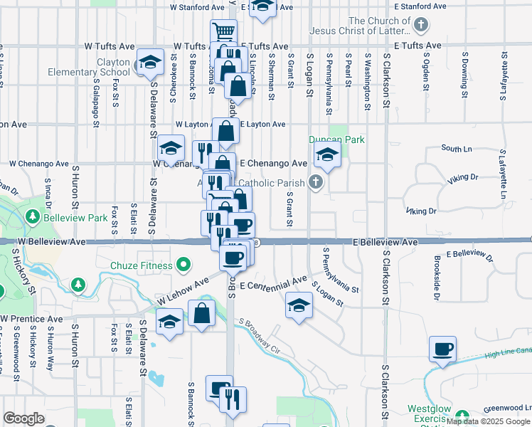 map of restaurants, bars, coffee shops, grocery stores, and more near 4973 South Sherman Street in Englewood