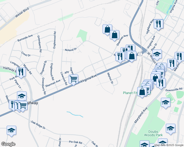 map of restaurants, bars, coffee shops, grocery stores, and more near 1305 Virginia Avenue in Hagerstown