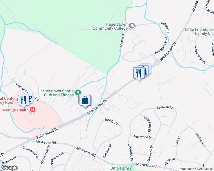 map of restaurants, bars, coffee shops, grocery stores, and more near 20207 Capital Lane in Hagerstown